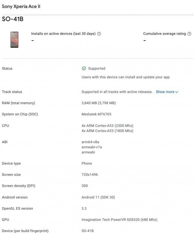 Sony Xperia Ace 2 sur la Google Play Console
