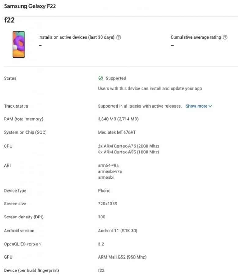 Samsung Galaxy F22 sur Google Play Console
